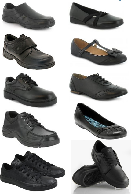 The image displays a collection of ten different styles of black shoes arranged in a grid format. The shoes vary in design, including casual slip-ons, formal dress shoes, athletic sneakers, and ballet flats. Each shoe is distinct in its detailing and construction, showcasing a range of options.