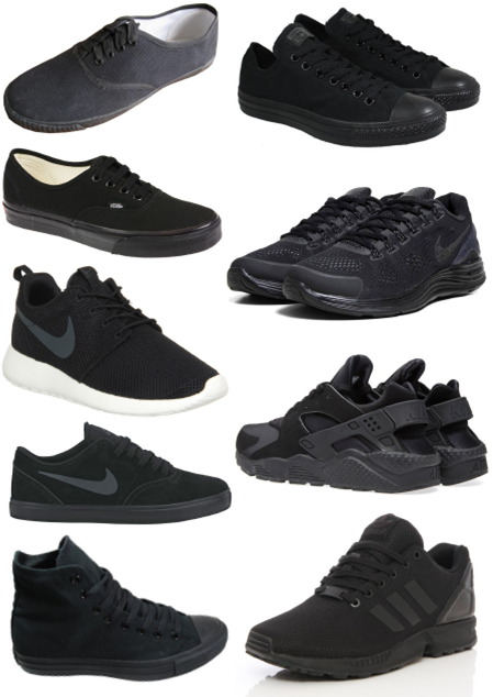 The image shows a collection of ten different pairs of black trainers and shoes not suitable to be worn at school arranged in a grid. Each pair has unique design features, including variations in sole thickness, material texture, and large branding.